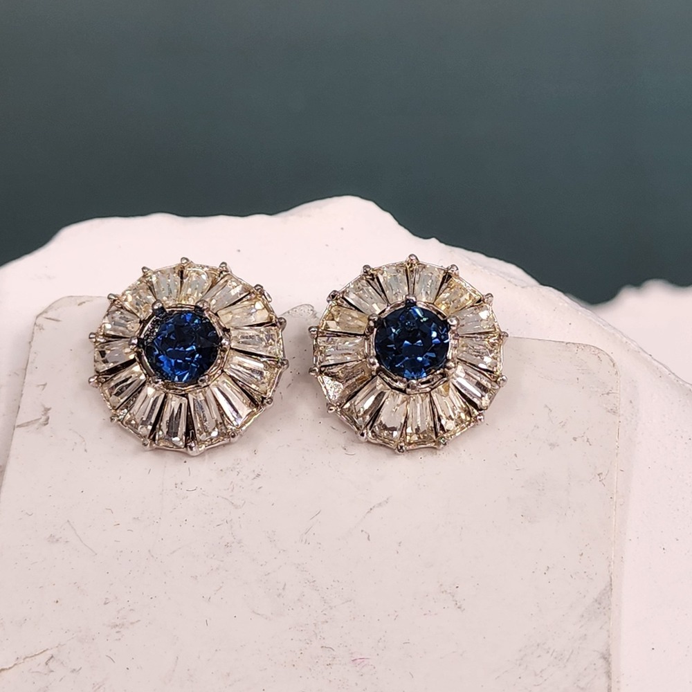 Bogoff Vintage Blue Rhinestone Clear Baguette Crystal Clip On Earrings Signed